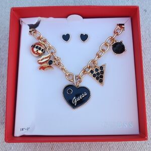 GUESS Gold & Black Charm Necklace & Earrings Set